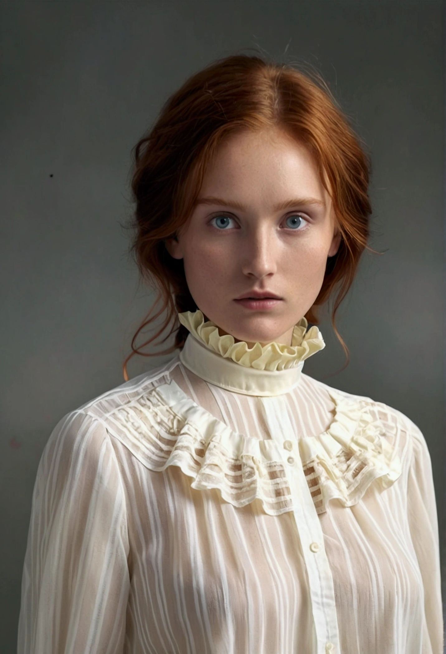 A redhead woman possing to the camera, she wear a vintage shirt transparent that leave see her nude under,s black and white, photography, (best quality,4k,8k,highres,masterpiece:1.2),ultra-detailed,(realistic,photorealistic,photo-realistic:1.37),HDR,UHD,studio lighting,extremely detailed eyes and face,beautiful detailed lips,longeyelashes,elegant pose,natural lighting