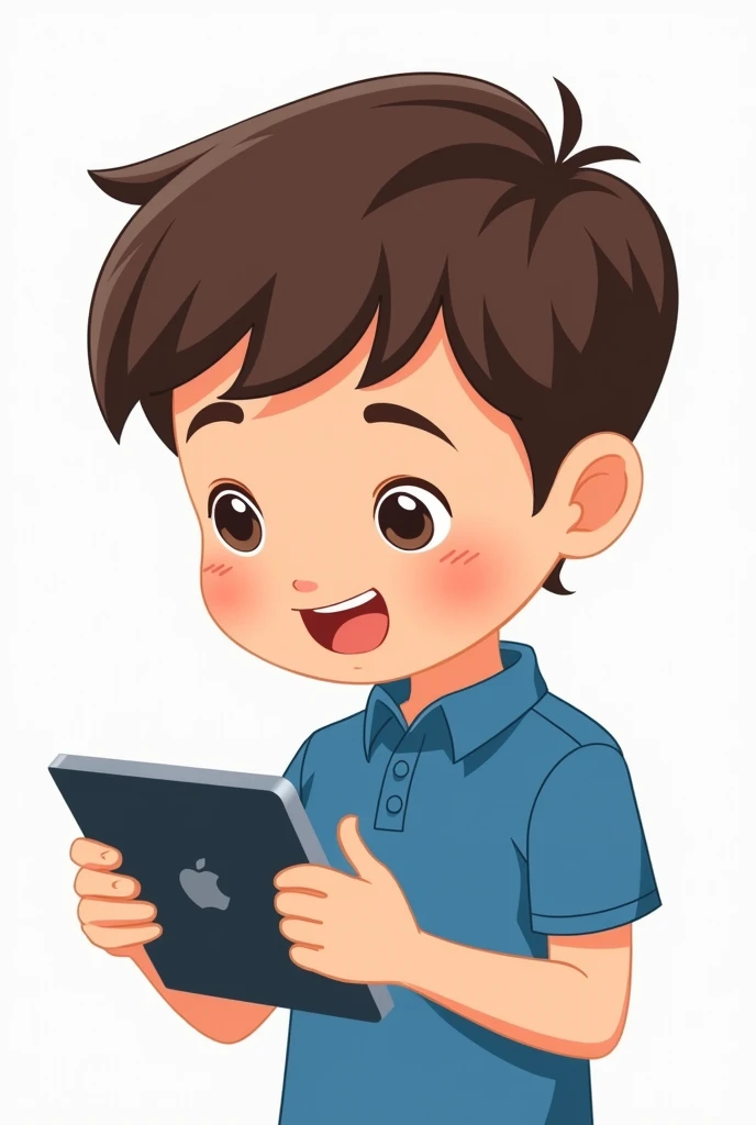 One boy Kid cartoon wear blue short uniform playing tablet closeup video