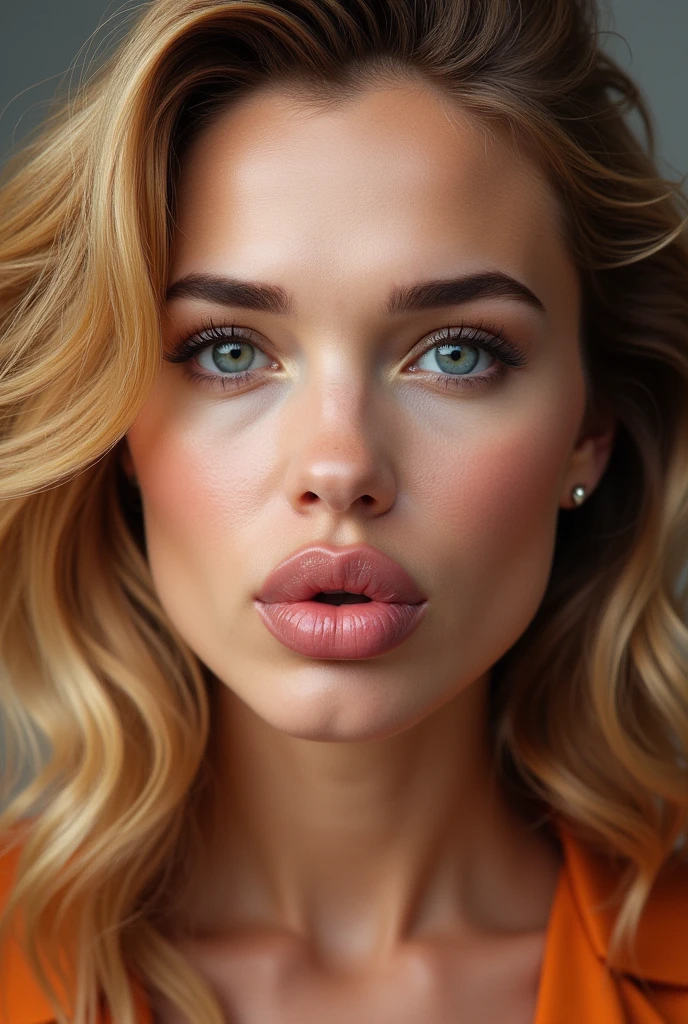 Please create a portrait photo of Scarlett Johansson with bright hair. In the photo, have her lips form a shape similar to the number "8," as if she's making a "fish lips" or "duck face" expression. She should be sucking in her cheeks slightly to enhance the effect of her lips taking on the shape of an "8."