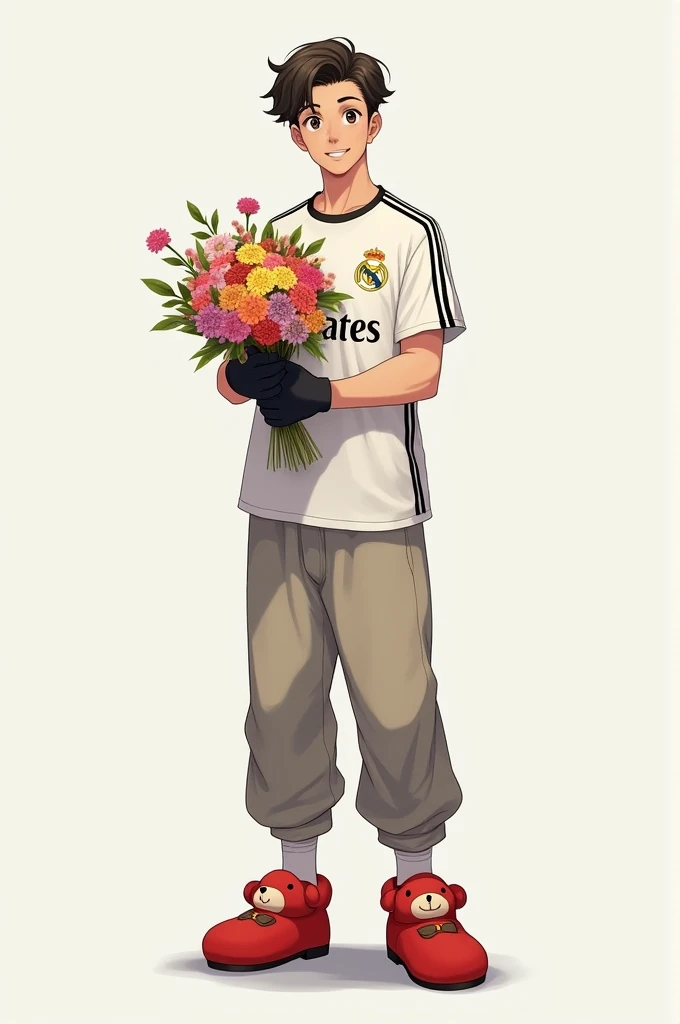 Male character wearing a Real Madrid shirt, loose trousers, red teddy bear shoes, black gloves and a bouquet of flowers
