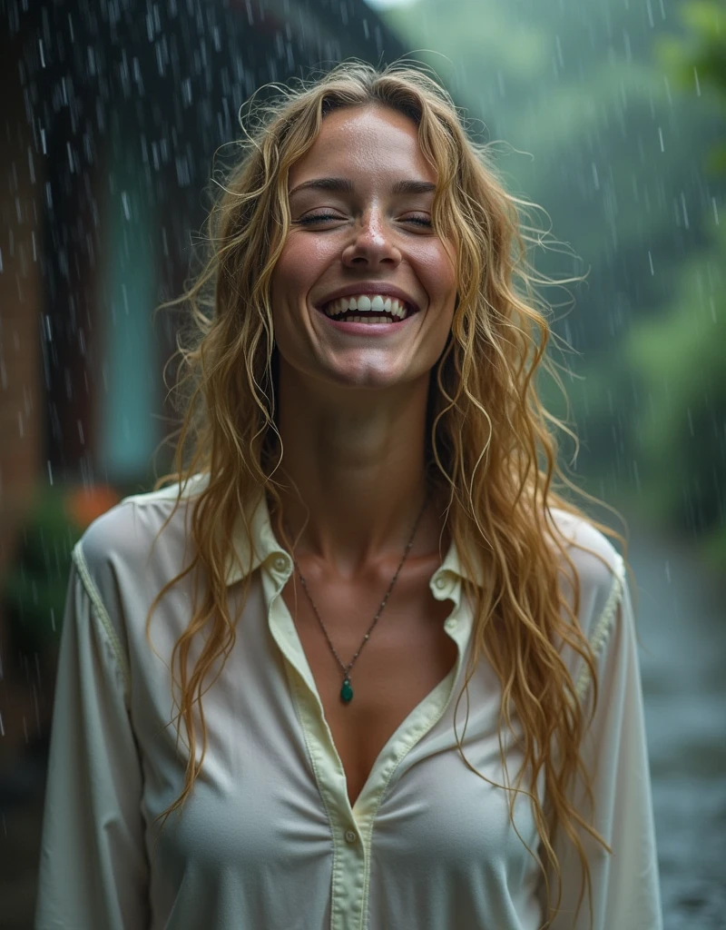 A gorgeous golden haired adult office woman, with (soaking wet:1.35) cotton white shirt and hair, is walking un a torrential rain, crying in smile enjoying the freshnes of rain drops in her face, insanely detailed and intricate  ultra sharp focus, bokeh