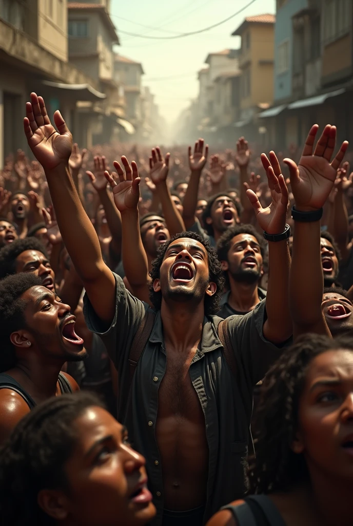 Crowd of people, with their hands up, looking at the sky, asking God for help, for a better life, place, favela, realistic, cinematic