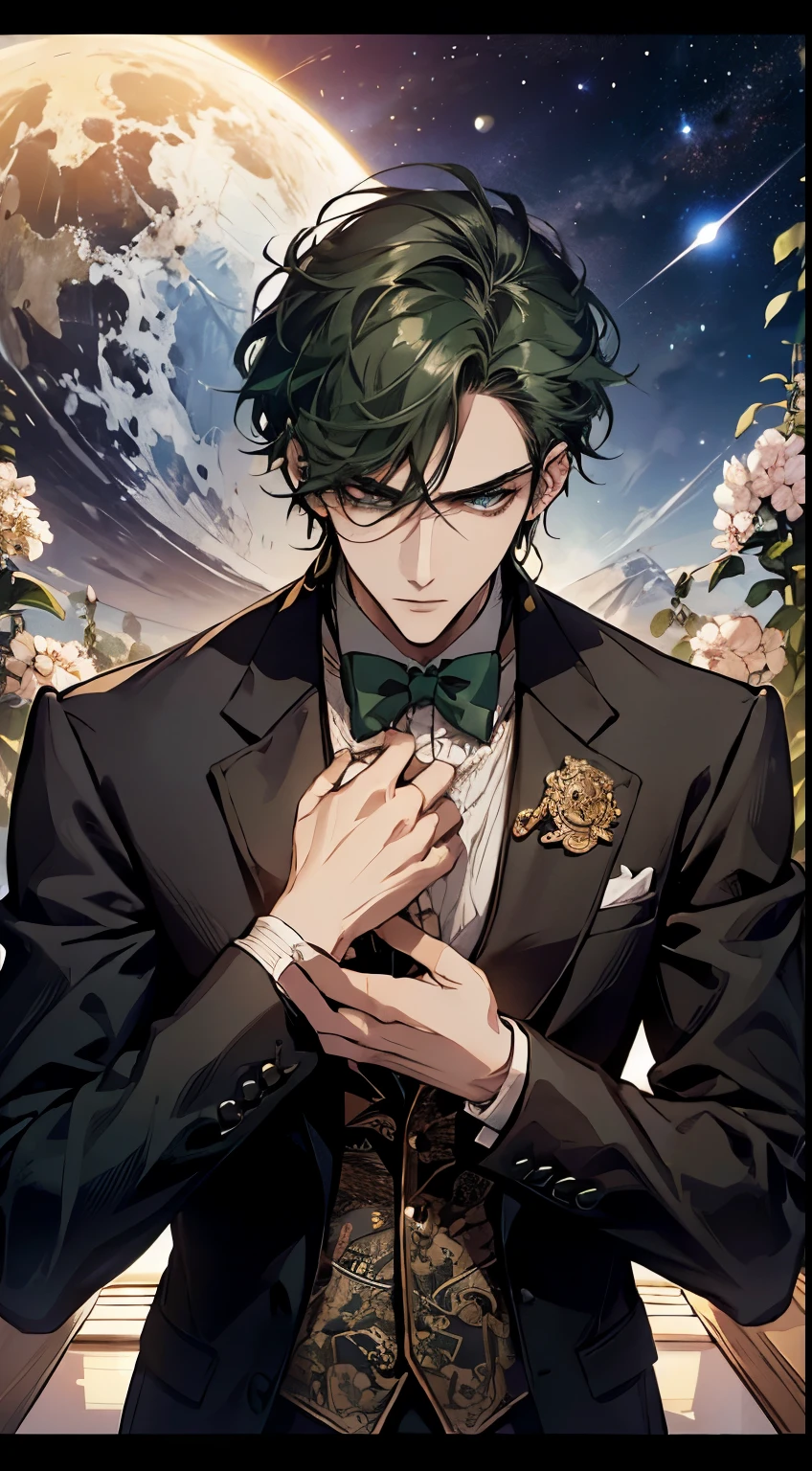 A mature handsome businessman with a stern expression, short green hair, and piercing blue eyes, wearing a suit in an office setting, 4k, 8k, high resolution, masterpiece quality, ultra-detailed, realistic, photorealistic, 1 person, HDR, studio lighting, Tarot cards are created. The illustrations are delicate, detailed and beautifully written. In the center is a magician. He is young and beautiful, dressed in baroque clothing, his hair shoulder-length. He holds a wand in one hand and a sphere in the other, a symbol of infinity above his head, mountains and the sun in the background, flowers on the table, the number 1 at the top of the card, "THE MAGICIAN" at the bottom of the card, the background of the card is a realistic space background