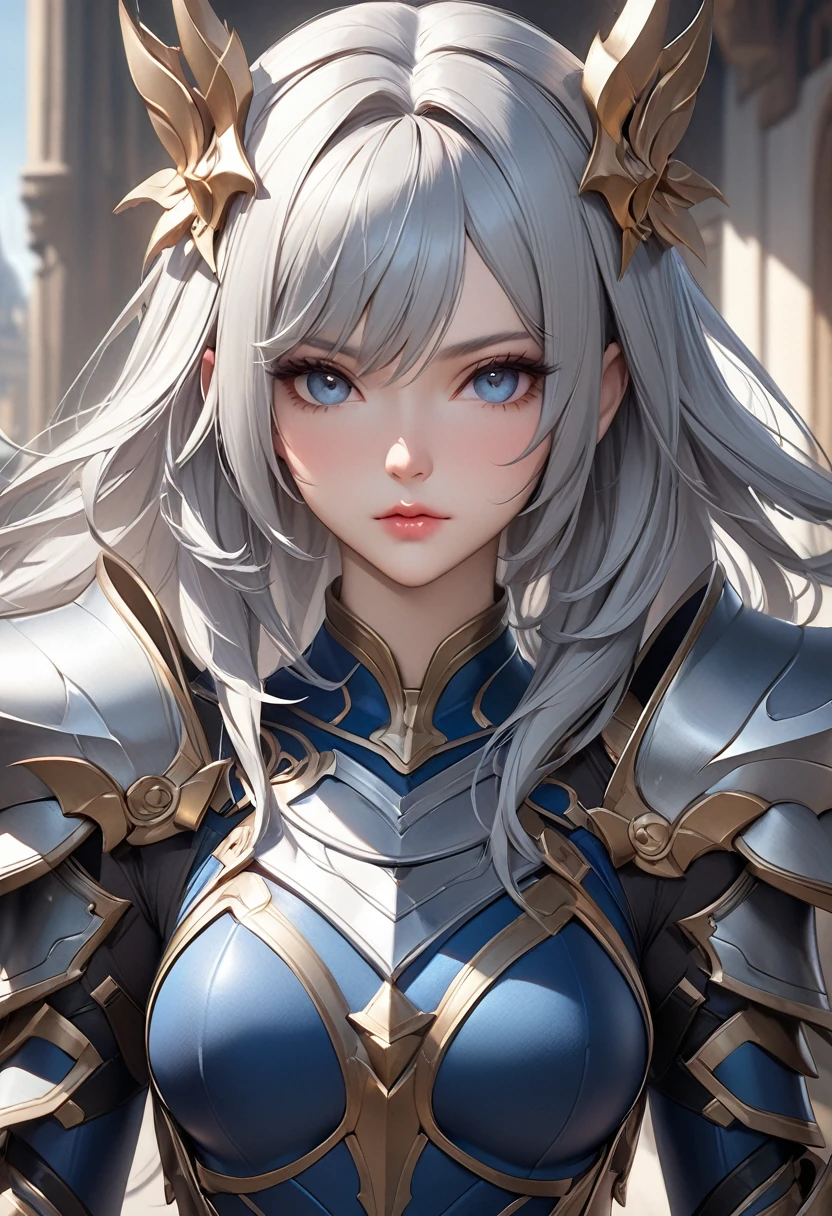 a close up of a woman in a silver and blue dress, chengwei pan on artstation, by Yang J, detailed fantasy art, stunning character art, fanart best artstation, epic exquisite character art, beautiful armor, extremely detailed artgerm, detailed digital anime art, artgerm on artstation pixiv, armor girl, best quality, 4k, 8k, highres, (masterpiece:1.2), ultra-detailed, (photo realistic,:1.37),