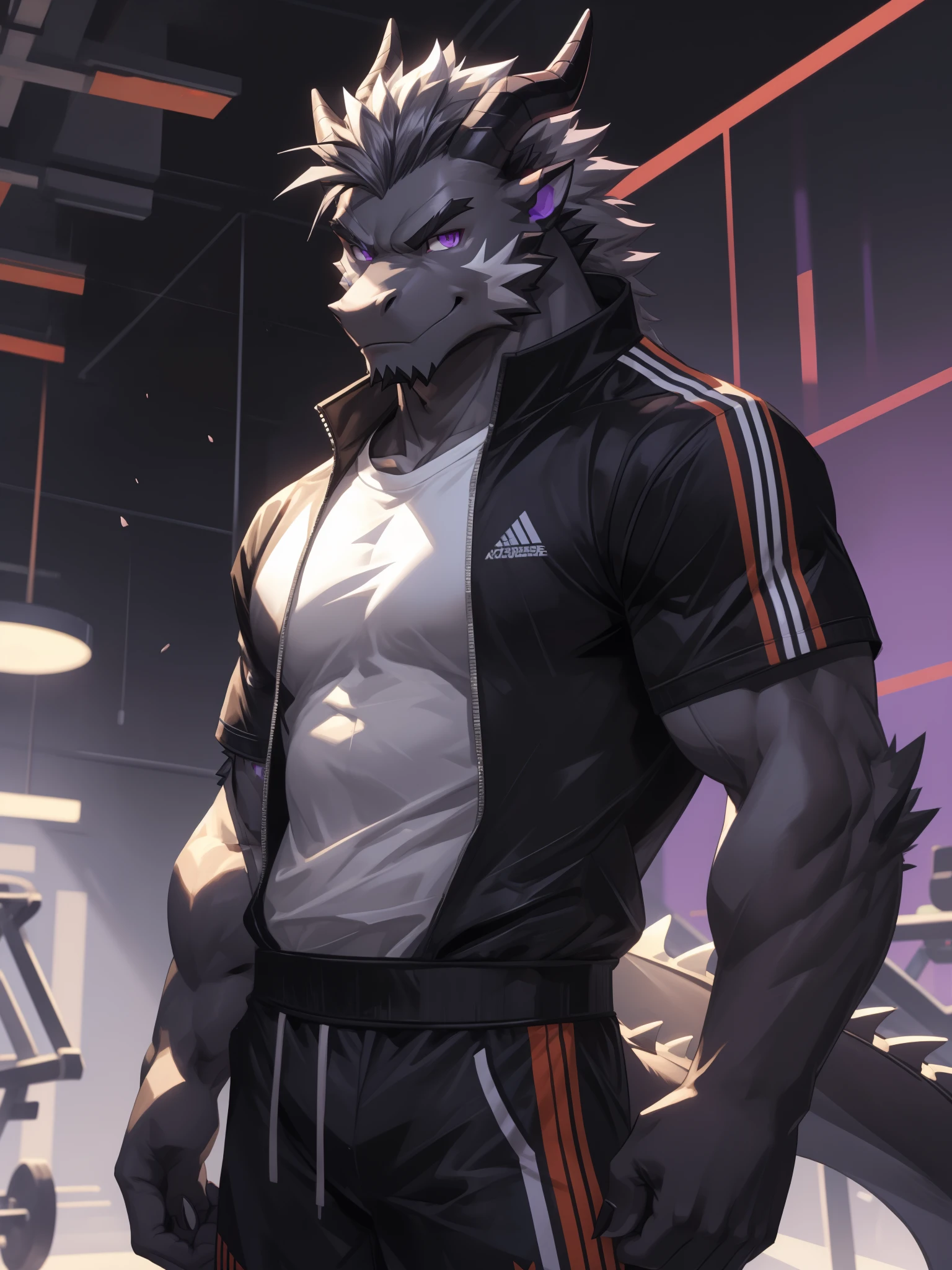 Masterpiece, Solo, (Black dragon, Purple eyes, Medium gray hair, Medium facial gray hair A Pair of black horns) Muscular Body, Handsome, Good Looking, Adult, Fierce, Smirking, gym outfit, gym furry background