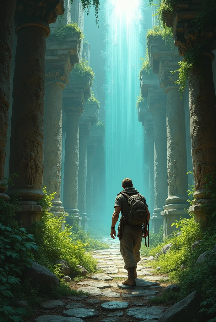 (best quality, masterpiece, ultra detailed), place: Ancient ruins video: A scene in which the protagonist explores ancient ruins。A mysterious light shines into the ruins.、Fantastic atmosphere。