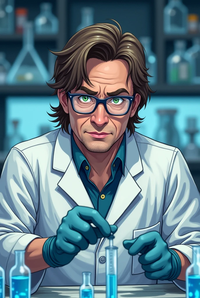 Brown haired man with green eyes wearing a white lab coat and test tubes also wearing clear glasses