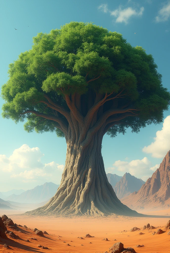 giant tree, pre-flood, Prehistoric, bigger than mountains, 5km tall tree with a canopy of giant green leaves, Full HD, 4K, PICTURE REALISTIC, real-life, in the middle of the desert, hot tropical climate