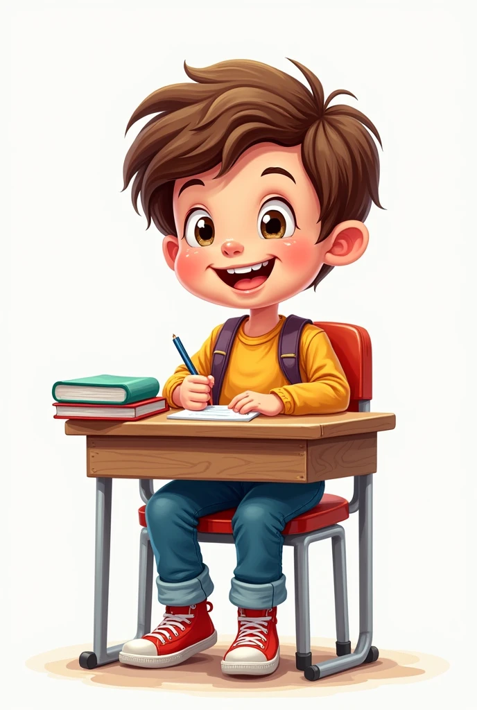 Drawing of a child sitting on a chair in a classroom, taking a test, with a happy face on a white background.