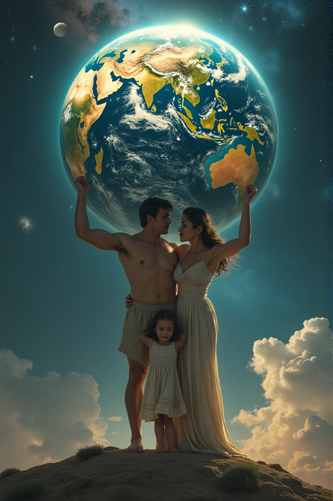 Create an image of a family made up of a father, a mother and a daughter, I want you to use the idea of the image of the titan Atlas holding the world, but create the family in place of the atlas