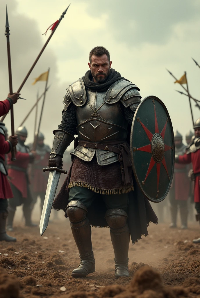generates a man with sword and shield fighting with many medieval soldiers