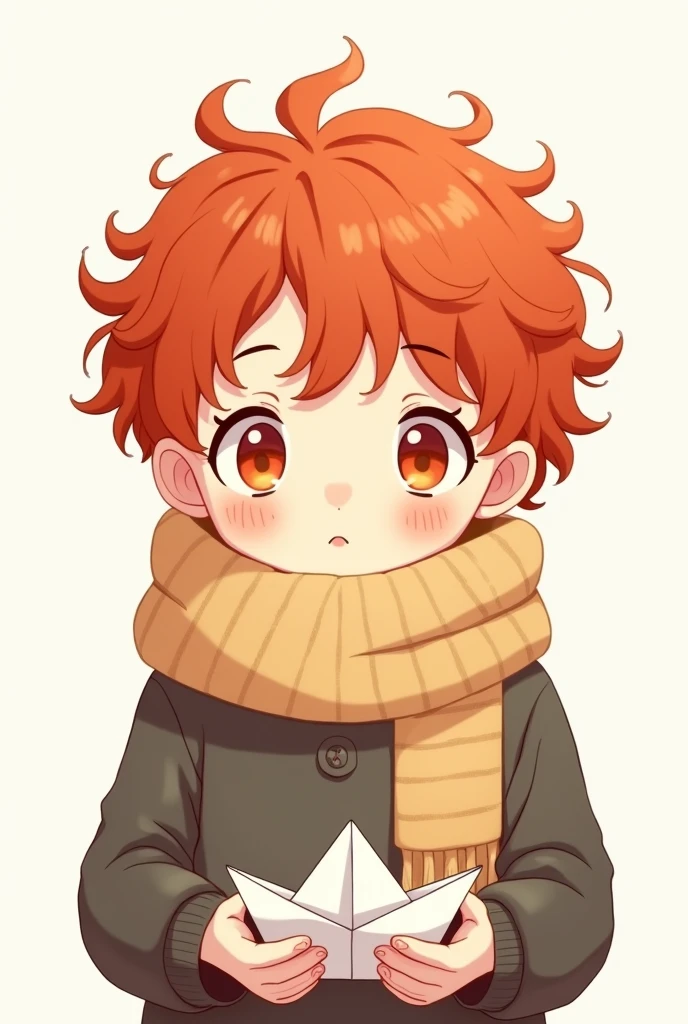 Drawing on white background anime Kawai of a shy red-haired boy with curly hair and freckles and wearing a scarf and holding a paper boat 