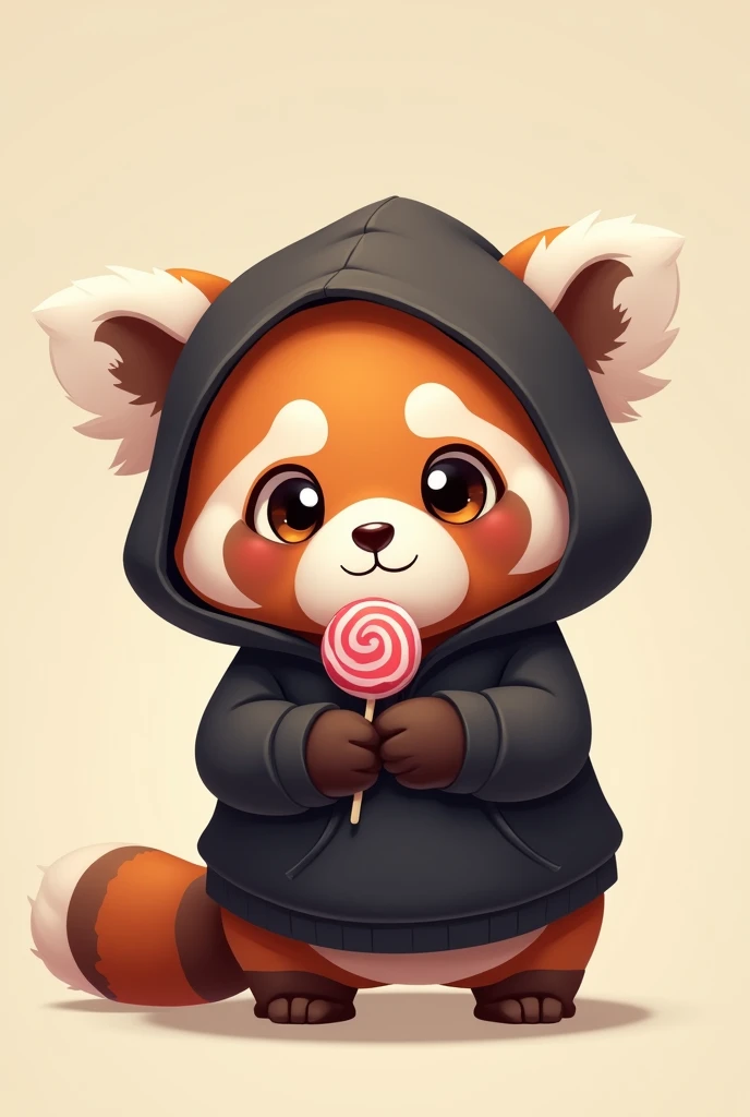 Chibi panda roux avec une capuche noir et une sucette dans les mains avec un regard du style je m’en fou 