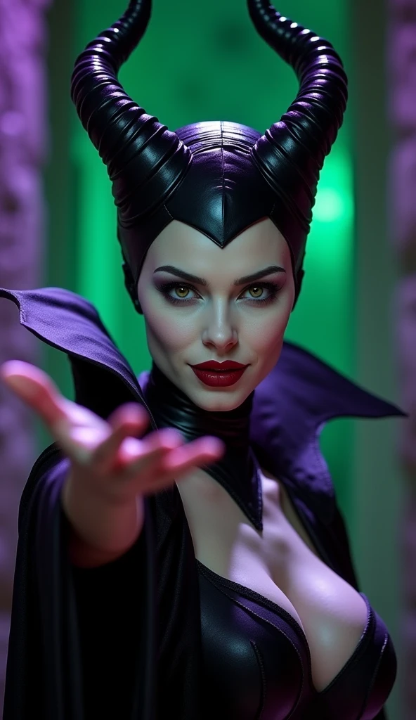 A stunning closeup portrait of Maleficent, she is extending a sexual invitation, she is fertile and wants to breed, location is dungeon interior, purple and green light, exposed breasts, powerful, pale eyes