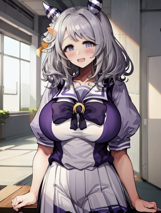 (((masterpiece))), ((Highest quality)), 1 person, One Woman, alone,Glowing Skin,(Bust Shot),(Motsuaki), hishi miracle, horse ears, hair ornament, horse tail, tracen school uniform, purple shirt, puffy short sleeves, white skirt, white thighhighs, Gray Hair,(Detailed Eyes),Eye highlights, ((((Very large breasts)))),Narrow waist,smile、((blush)),