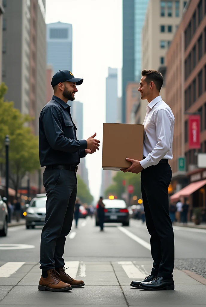 Image of a delivery man and a waiter 




