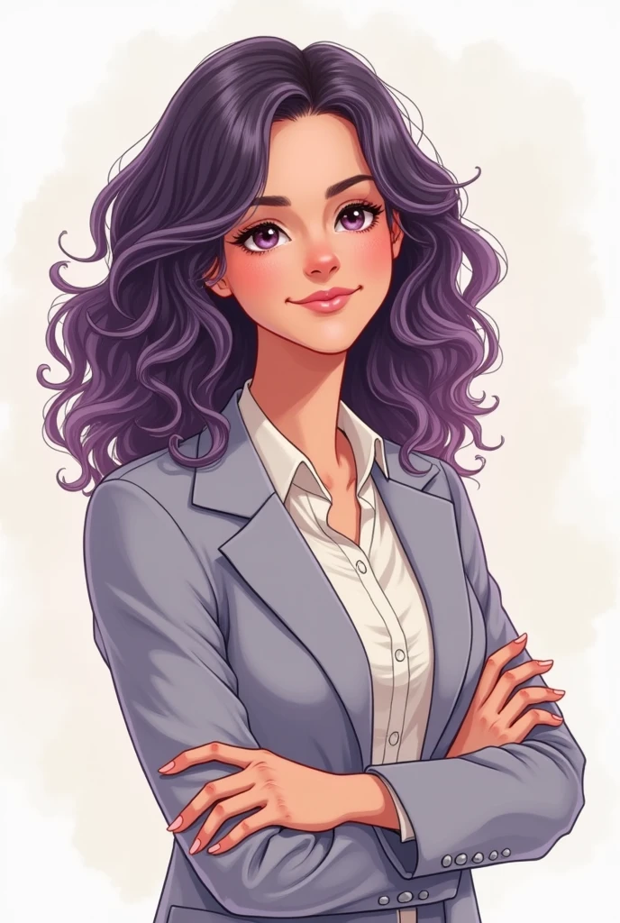 Drawing of a modest woman,smart,you knew,ready to help and advise. Smiling pose,dark curly lilac hair flashy