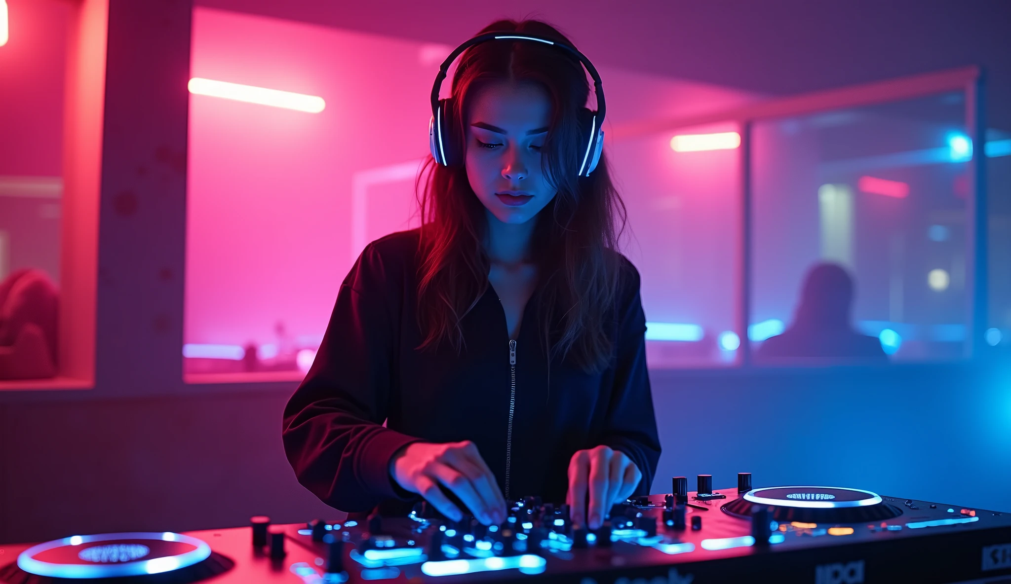 a female DJ with headphones glowing in neon, the mixer glowing in neon, low-light environment