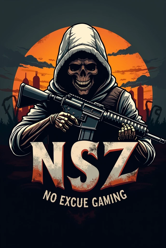 Create a pubgm logo that has the name NSZ no save zone gaming  it must a weapon and skulls 
in the background like the move expendables it must have the name NSZ no save zone gaming 