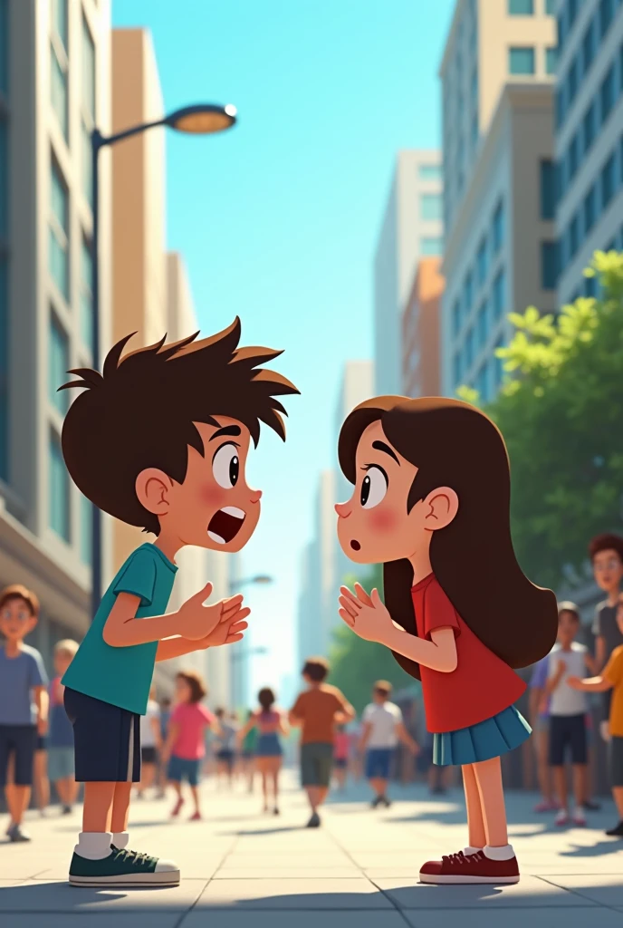 a modern city, where two people are arguing passionately in a public square. With a simple animated style. a boy and a girl

