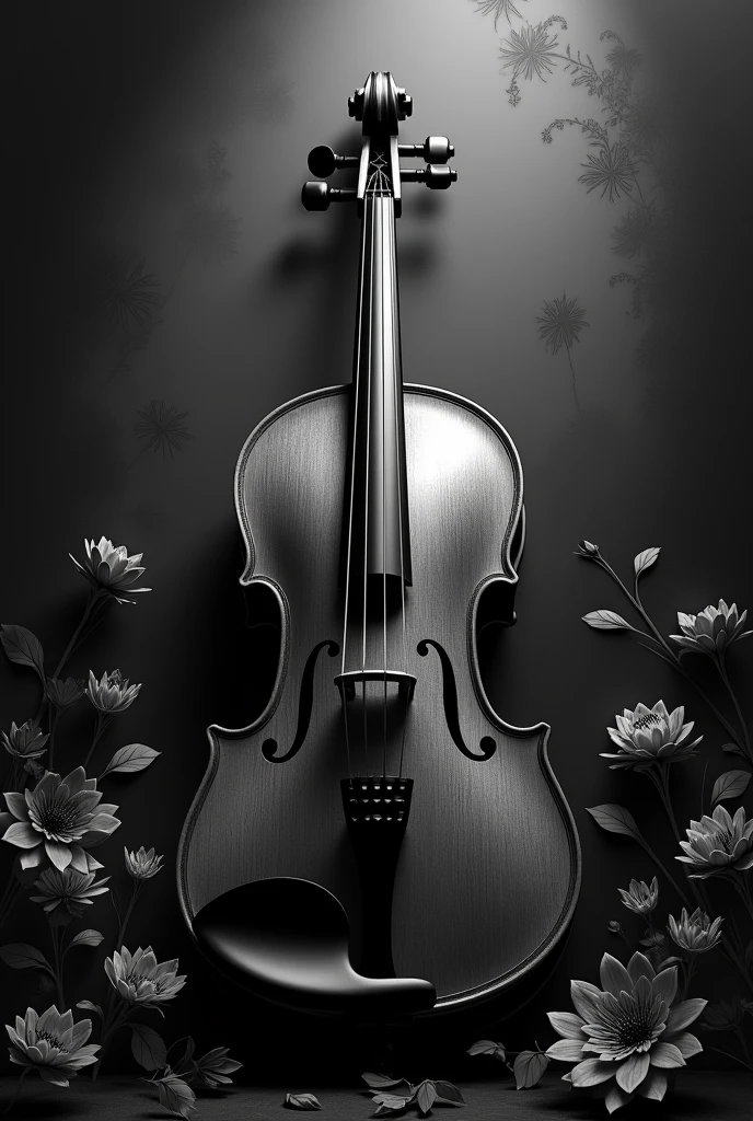 Image with a viola as the main element, in gothic or dark style, with black and white floral motifs