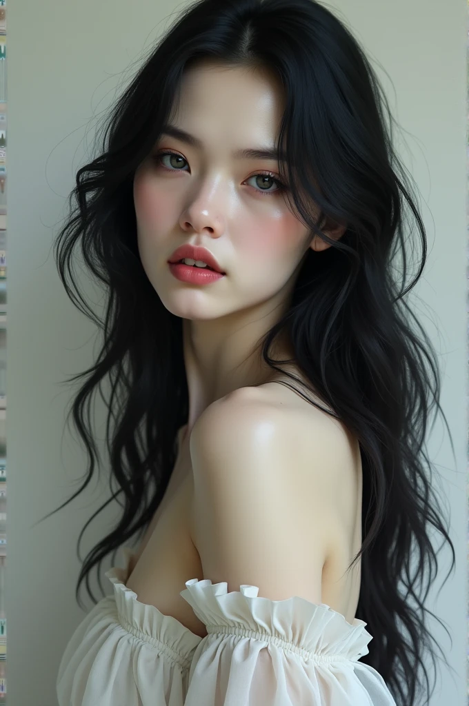 Pale skinned woman with long wavy black hair, grey eyes, long eyelashes, pink lips, slim body