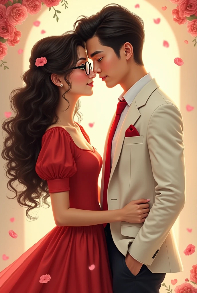 um casal, a has long 3B curly hair and brown eyes, and wears glasses she wears a red dress with puffed sleeves and he wears a white suit with a red tie, he has very sparkling green eyes and he has black hair. they're young. drawning