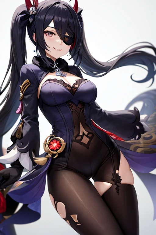 black hair, eye patch, Gothic, black eyes, genshin, crazy smile