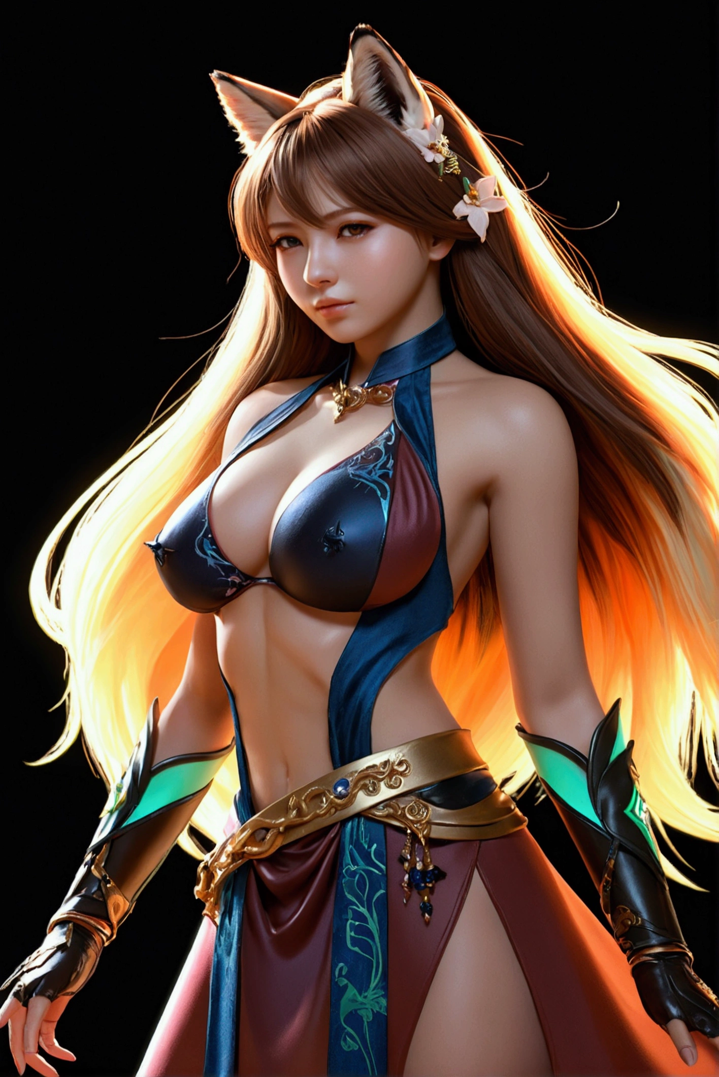 Best quality, 8K, HDR, soft lighting, picture perfect, realistic, vibrant, fox girl with brown hair, kitsune, beautiful female kitsune, digital illustration, beautiful illustration, beautiful digital artwork, exquisite digital illustration, realistic digital art, realistic style digital art, ultra high quality fantasy art, final fantasy, masterpiece, ultra high quality female character design, wallpaper illustrations of the highest quality, complex ultra high quality accurate faces of female characters, high quality design and accurate physics, ultra high quality fantasy style, masterpieces, super high quality characters, resolution - 8K, realistic art, highest quality wallpaper illustration, ultra-high facial detail, quality design and physics accuracy, by color, depth of field, shadows, ray tracing, high quality and 8K resolution computer wallpaper production, accurate simulation of the interaction of light and materials, Highly detailed hair, More about beautiful and shiny brown hair, Beautifully detailed hands perfect fingers, Beautiful nails, perfect anatomy, perfect proportions, Full-length, Perfect color combination, Accurate imitation of the interaction of light and material, art that conveys the meaning of the story, full body picture.