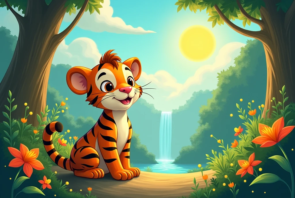 bottom: In the center a space to place a short text, around a little tiger called Tito who lived in the jungle. Tito was very curious and always wanted to explore new places.. One day, He decided that he was going to find the shining river that he had heard so much about.. The background should show green trees, Bright plants and flowers in various colors. in the sky, There may be some soft clouds and a friendly sun shining.
Main character: Tito the Tiger, a small and cheerful tiger with orange and black stripes. Tito must have a curious and excited expression, with a wide smile.