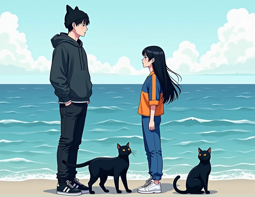 A tall adult man with black hair in the kpop idol style, korean traits, White skin y vestido con jeans negros, un gorro negro con orejas de gato y un poleron junto a una mujer adulta con korean traits de cabello largo y negro al estilo de una idol de kpop, White skin, dressed in blue trousers and a blue and orange striped jersey. Both standing next to each other looking at the sea next to two black cats manhwa style