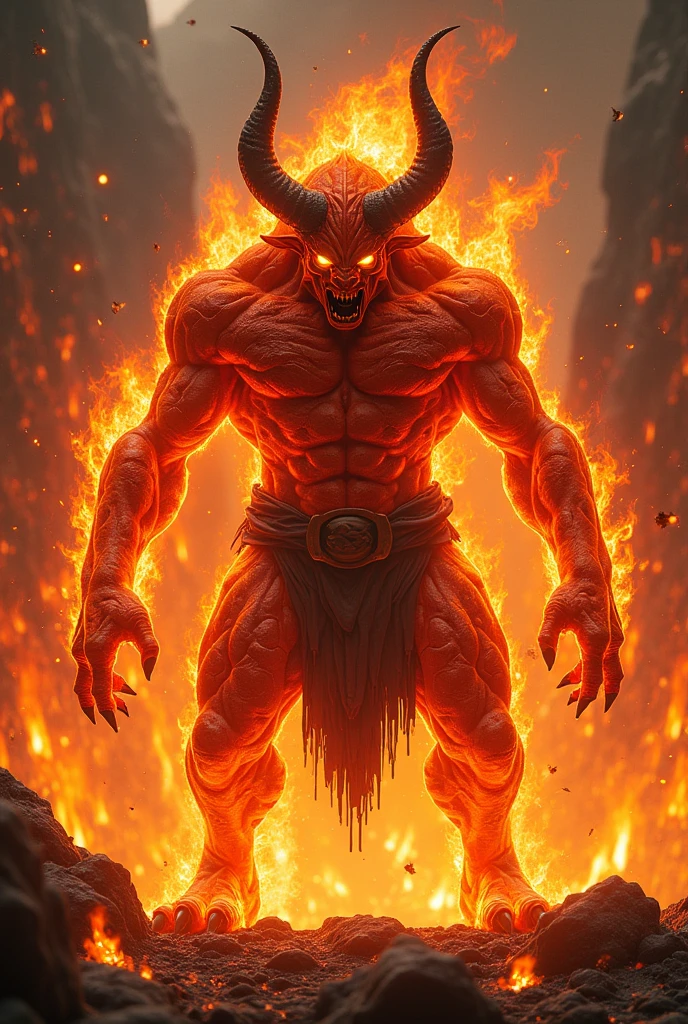 "A fearsome oni with a body made of crackling flames, his skin glowing like molten lava, and his eyes burning with intense heat. His form is both terrifying and mesmerizing, with fire trailing behind him as he moves. Two horns made of obsidian jut from his head, and his sharp claws leave scorch marks wherever they touch. The ground beneath him smolders, and the air is thick with the heat of his presence. The background is a fiery hellscape, with rivers of lava and burning skies. Cinematic lighting, dark fantasy, intense heat, 8K resolution."