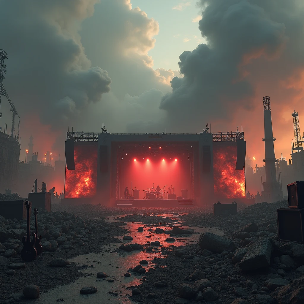 A post-apocalyptic landscape, with ruins of cities and buildings blackened by fire. A dense and oppressive atmosphere, with clouds of smoke and ash covering the sky. In the middle, a concert stage with smashed musical instruments and smoking amplifiers. A wall of sound that seems to shake the earth, with bass that makes the ground shake. The scene evokes the intensity, the energy and destruction that characterize the death metal genre, without having to resort to macabre or occult images The focus of attention and center of the image, It is the stage with all the instruments, electric guitars, low, drums and amplifiers, It should be in the center or middle of the image and close to the screen and there should be no people in the image
