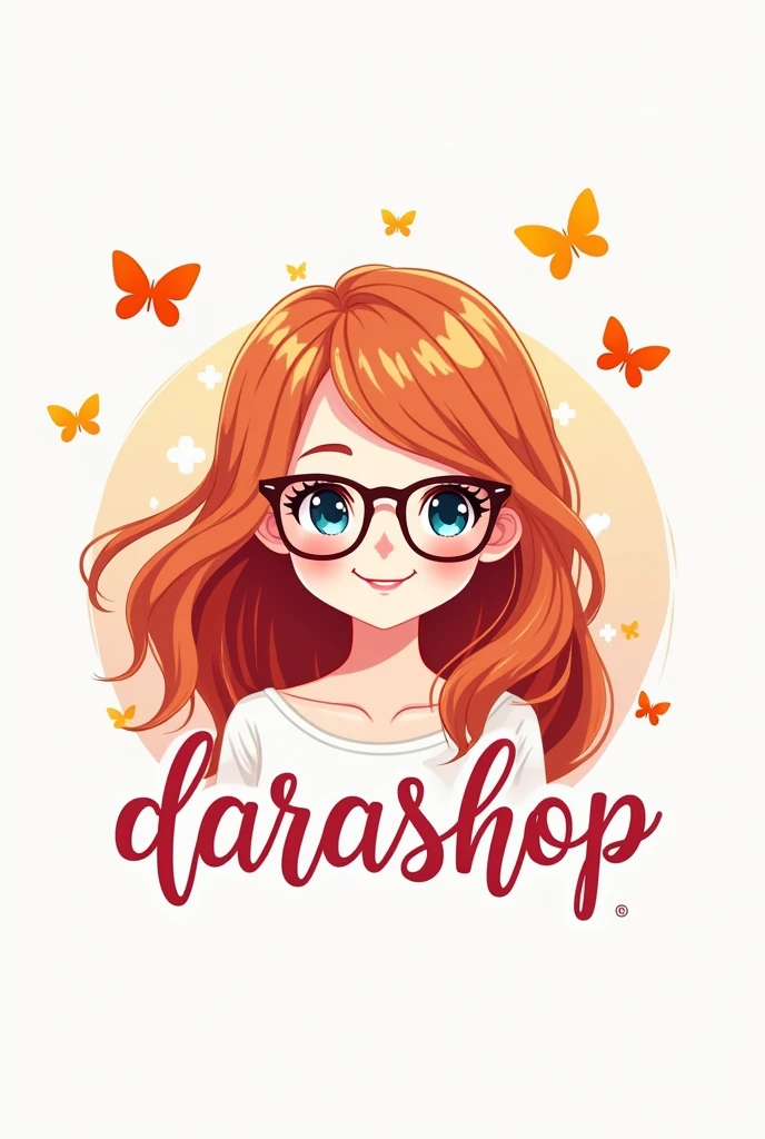 logo in 2d, of a white girl with copper hair and glasses, that says DaraShop with pretty letters and butterflies