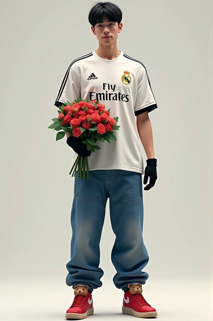 Male character wearing a Real Madrid shirt, loose jeans, black gloves, red teddy bear shoes and black gloves with a bouquet of flowers
