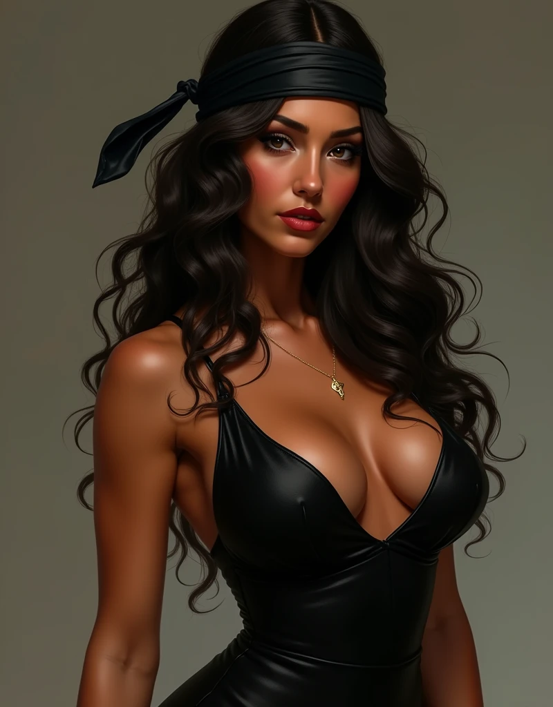 Beautiful girl with wavy hair, dark long hair, Her skin is brown, wears a black bandana, black dress and bra. tall and with big breasts and a curvy body