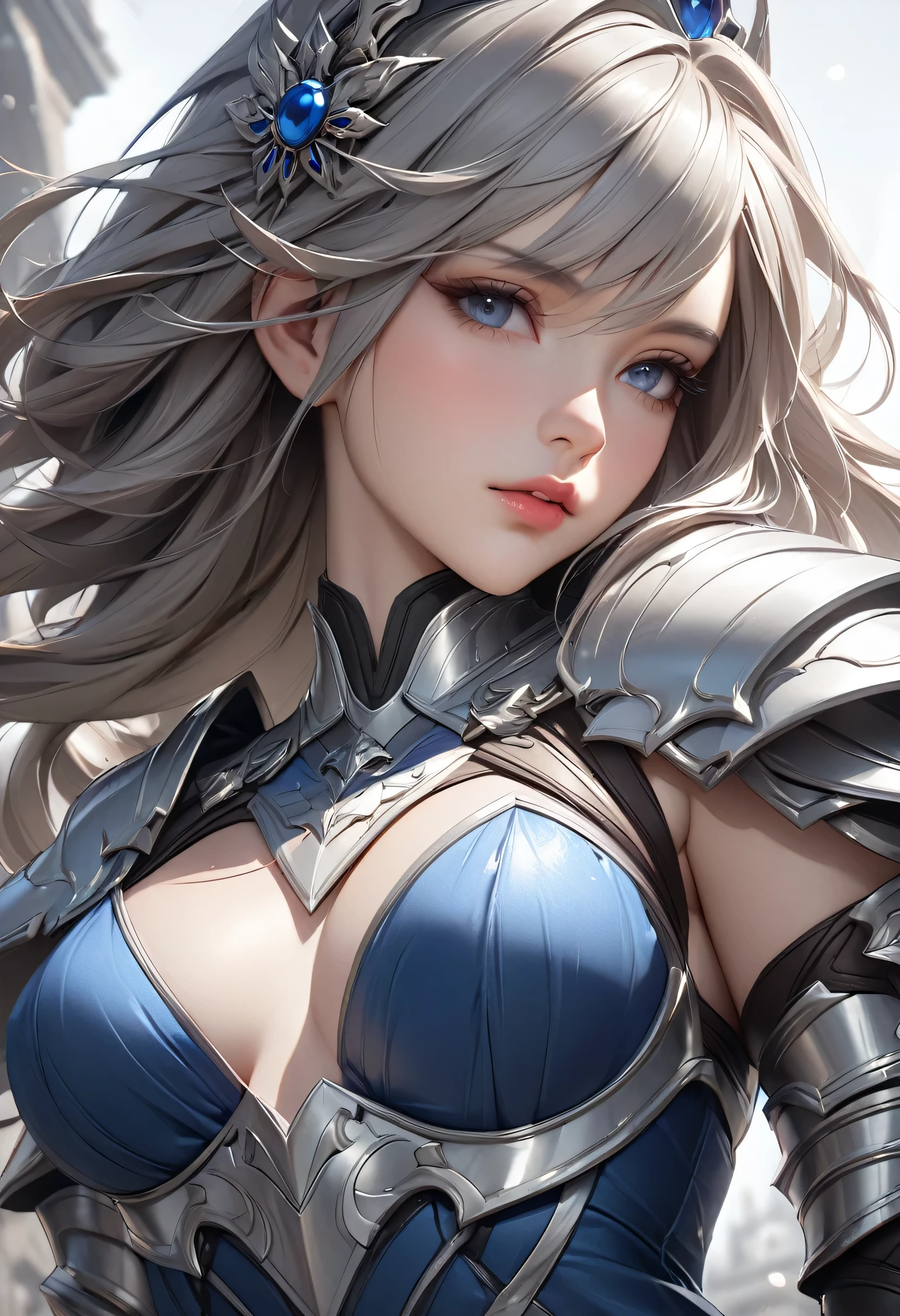 a close up of a woman in a silver and blue dress, chengwei pan on artstation, by Yang J, detailed fantasy art, stunning character art, fanart best artstation, epic exquisite character art, beautiful armor, extremely detailed artgerm, detailed digital anime art, artgerm on artstation pixiv, armor girl, best quality, 4k, 8k, highres, (masterpiece:1.2), ultra-detailed, (photo realistic,:1.37), 