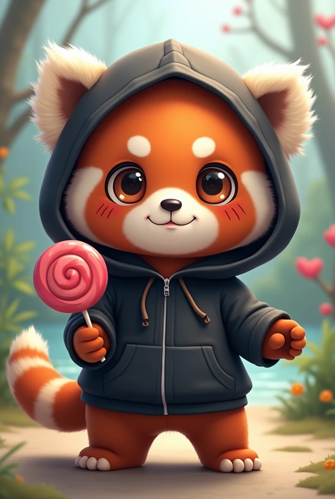 Chibi panda roux avec une capuche noir et une sucette dans les mains avec un regard du style du style naruto