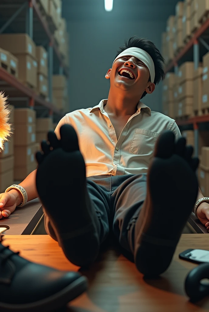 Malaysia malay handsome 22 years student 
He laugh very hard
His hand tied up  in warehouse 
Blindfolded
Hand handcuff
Casual Outfit
feet on desk
feather duster on desk
shoes on desk 
Black sock 
Feet tickle machine
Feather tickle
