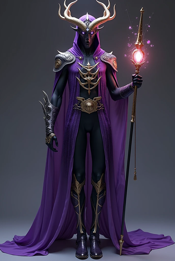 Void, the God of the Supernatural and Guardian of the Unknown, wears an imposing outfit that reflects his mastery over mystery and the unknown. His clothing consists of a long, flowing tunic, made of an ethereal fabric that appears to change hue depending on the light, ranging from shades of deep violet to cosmic black.
The upper part of the tunic has intricate details, with intertwined patterns reminiscent of moving constellations. At the front, The tunic is dated with elaborate clasps, displaying carved arcane symbols, while in the back, It extends into a long tail that flows gracefully behind Void..
Its long sleeves are adorned with patterns reminiscent of ancient runes., and they widen subtly towards the wrists, creating a majestic aura. Sculpted dragon claw shoulder pads accentuate his powerful figure.
Void wears tight pants, decorated with abstract patterns that echo the designs on his tunic. Your shoes, a mix of boots and sandals, are made of an iridescent material that resembles scales, perfectly matching his draconic nature.
in the head, he wears a unique crown, intertwined with filigrees that resemble dancing flames. About your horns, delicate ethereal jewels float, emitting a subtle glow. In your hand, a staff adorned with mystical crystals complements his divine presence.
The predominant colors in his clothing are dark violet., the cosmic black, the shining gold and the ethereal silver, criando uma combinação celestial que destaca sua posição como the God of the Supernatural and Guardian of the Unknown.