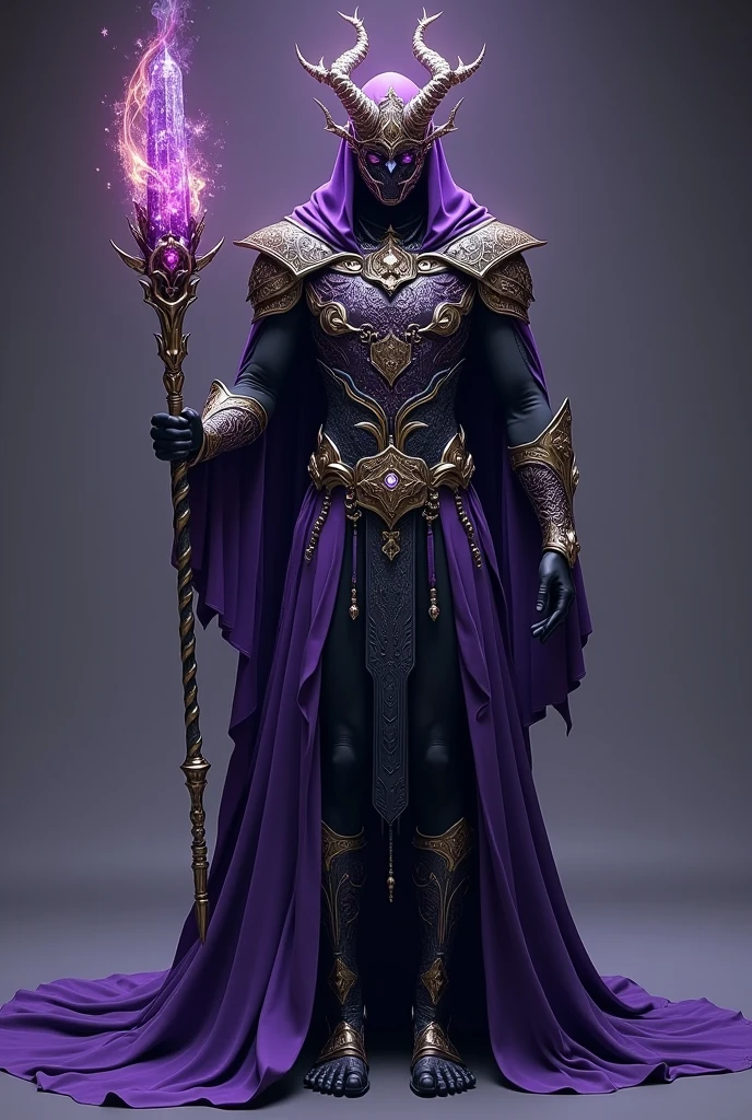 Void, the God of the Supernatural and Guardian of the Unknown, wears an imposing outfit that reflects his mastery over mystery and the unknown. His clothing consists of a long, flowing tunic, made of an ethereal fabric that appears to change hue depending on the light, ranging from shades of deep violet to cosmic black.
The upper part of the tunic has intricate details, with intertwined patterns reminiscent of moving constellations. At the front, The tunic is dated with elaborate clasps, displaying carved arcane symbols, while in the back, It extends into a long tail that flows gracefully behind Void..
Its long sleeves are adorned with patterns reminiscent of ancient runes., and they widen subtly towards the wrists, creating a majestic aura. Sculpted dragon claw shoulder pads accentuate his powerful figure.
Void wears tight pants, decorated with abstract patterns that echo the designs on his tunic. Your shoes, a mix of boots and sandals, are made of an iridescent material that resembles scales, perfectly matching his draconic nature.
in the head, he wears a unique crown, intertwined with filigrees that resemble dancing flames. About your horns, delicate ethereal jewels float, emitting a subtle glow. In your hand, a staff adorned with mystical crystals complements his divine presence.
The predominant colors in his clothing are dark violet., the cosmic black, the shining gold and the ethereal silver, criando uma combinação celestial que destaca sua posição como the God of the Supernatural and Guardian of the Unknown.