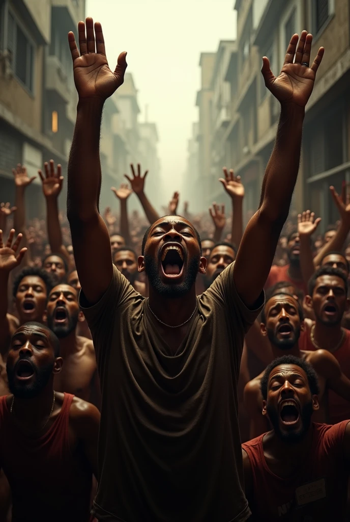 Crowd of people, with their hands up, looking at the sky, asking God for help, for a better life, place, favela, realistic, cinematic