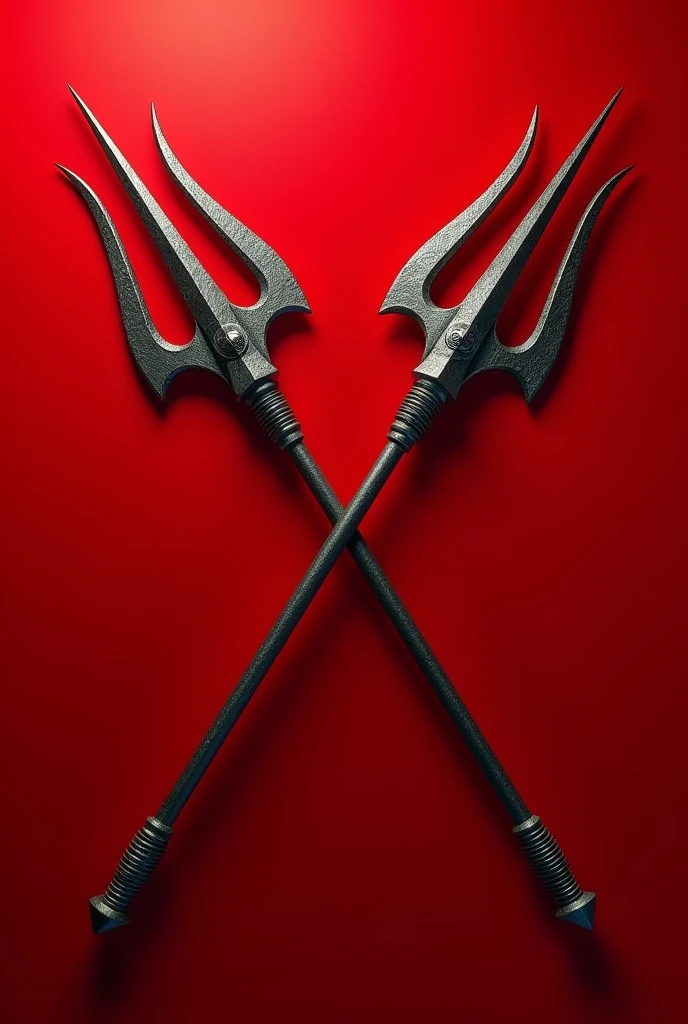 Two crossed square tridents on a red background