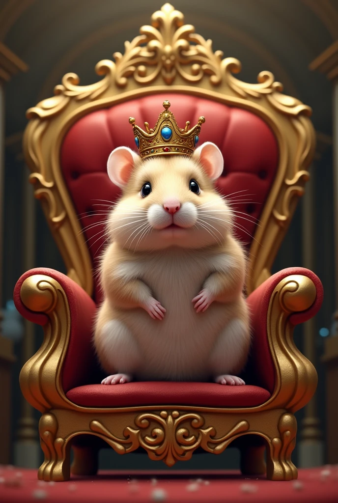 Hamster sitting on gold chair top of head on crown