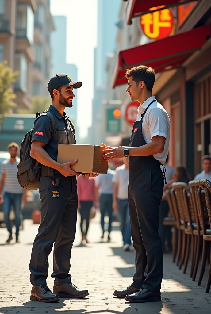 Image of a delivery man and a waiter working




