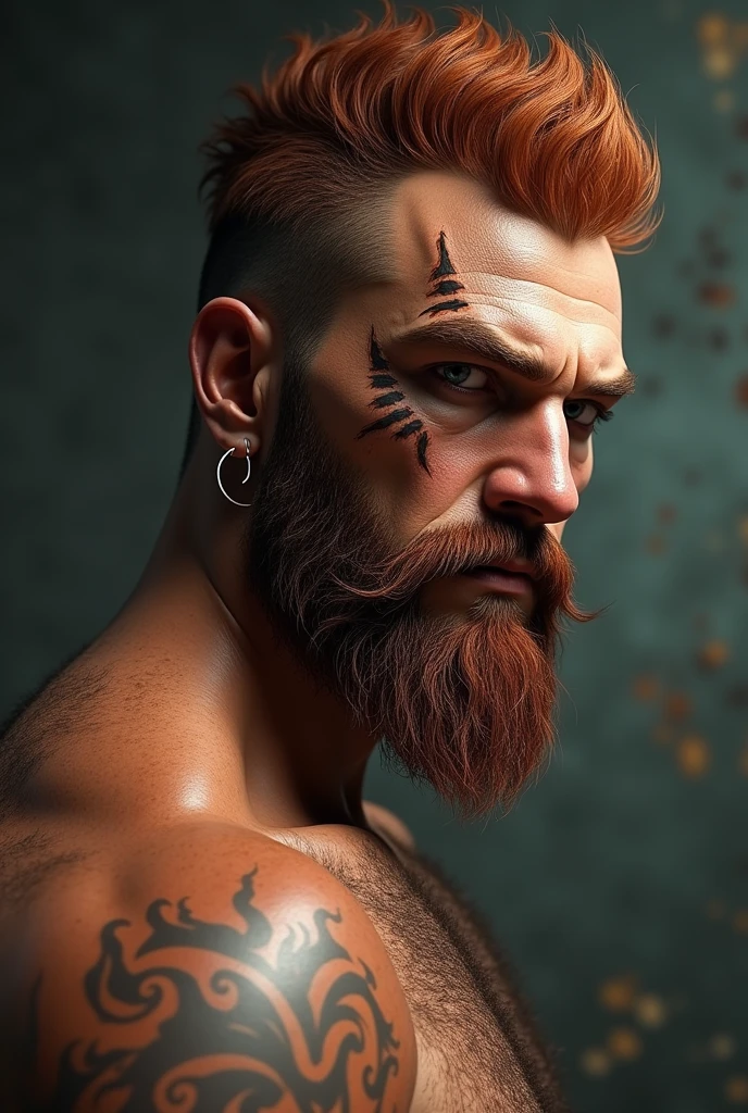 A character designed with the physical characteristics and appearance of Jason Momoa, but with short hair, Shaggy, redhead and beardless. On his right eye there is a scar from a cross-section of a knife and on his left eyebrow there is a hoop piercing.