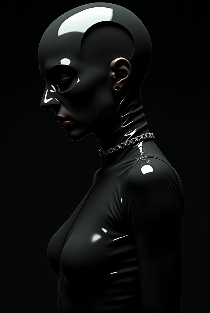 black background, side view, portrait, closeup shot, female in black latex suit, BDSM mask no eyes,Black chain around neck, BDSM style, horror fantasy,H.R Giger,Zdzisław Beksiński