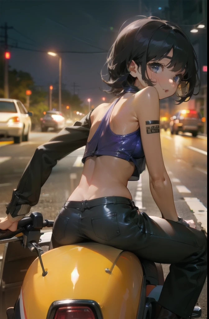 black hair, bobcut hair, mini fringe, mature woman looking to the side, sitting on a motorcycle, sci-fi motorcycle, futuristic motorcycle, realistic, hi tech white swimsuit, battle swimsuit, wet body, behind view, round ass, 8k, super detail, masterpiece, at night, downtown, purple lights --auto