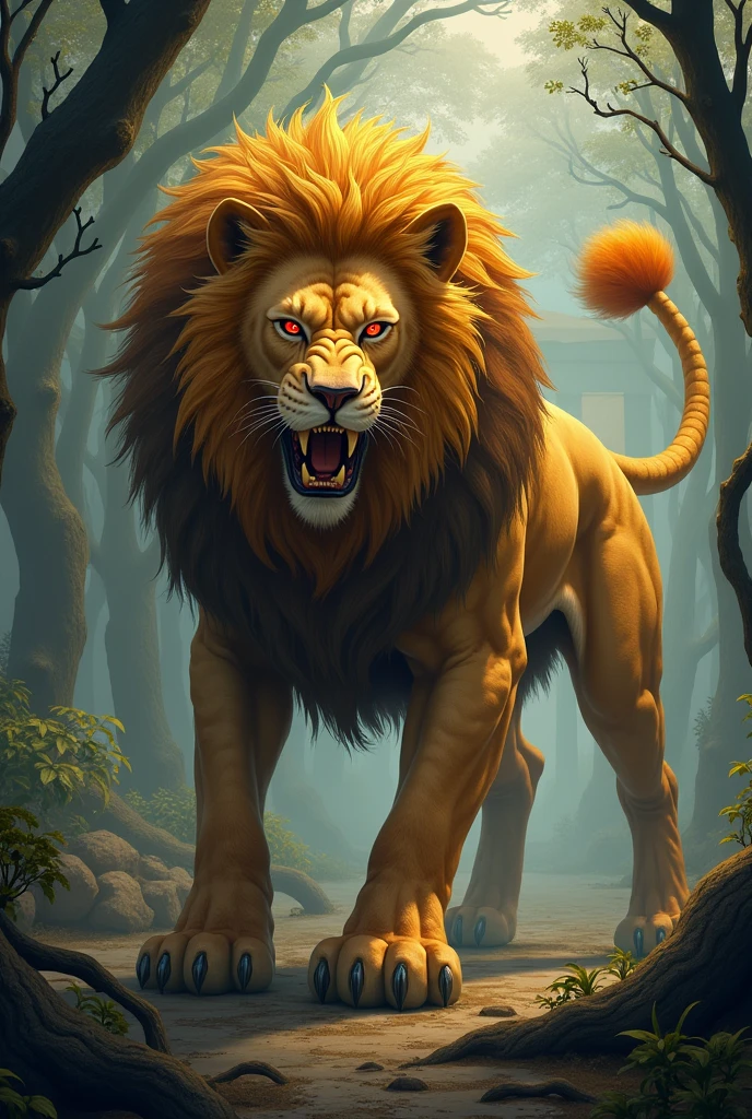 Create an image of a manticore from Greek mythology. The creature must have the body of a mighty lion, covered in a golden coat, with muscular legs and sharp claws and LARGE WINGS LIKE A GRIFFIN'S. The head should resemble that of a fierce human, with sharp teeth and a wild mane that blends in with the lion's fur. Your eyes should glow red, with a predatory look. The tail should be long and snake-like., ending in a venomous scorpion sting. The setting should be an ancient, dark forest., with a mystical and frightening atmosphere in an ancient Greek building