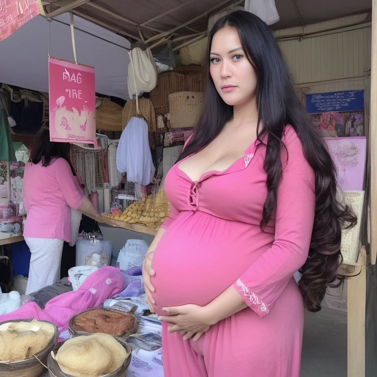 a mother is selling at a stall, This mother is 9 months pregnant, her stomach is very big, the photo was taken haphazardly, with general style or candid photo, normal lighting during the day, her breasts are very big, her hair is wavy, her hair is long, wearing ordinary clothes, like pajamas, HD,